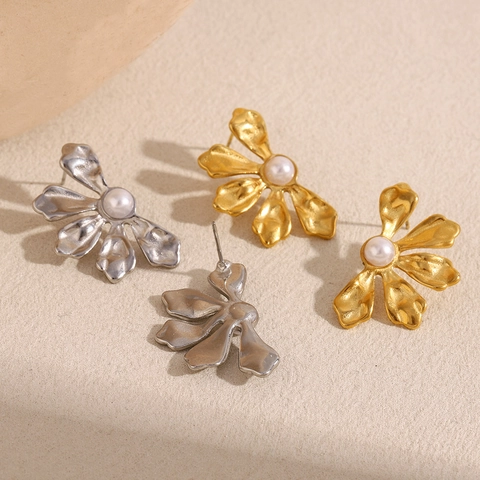 Orecchini A Petalo Di Fiore Per Donna Acciaio Inossidabile Placcato Oro Con Perla Artificial Elegante Gioielli