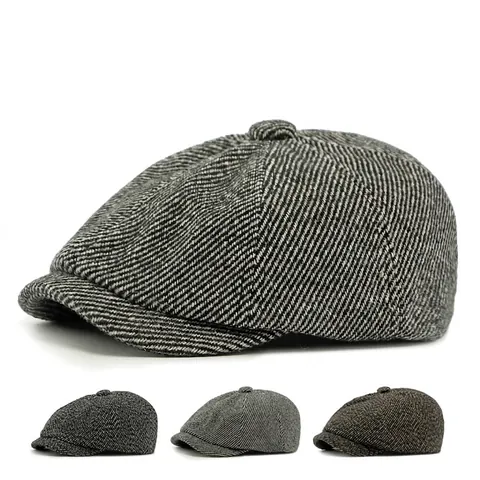 British Retro Newsboy Cap Men Women Herringbone Tweed Octagonal Hat Warm Winter Gatsby Flat Hat Adjustable Breathable