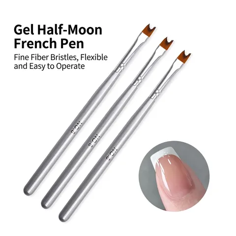 Nail Art Brush French Manicure UV Gel Painting Pen Half Moon U Shape Silver Aluminum Handle Professional Salon Tool