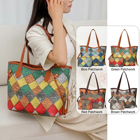 Women's Large Capacity Patchwork Tote Bag And Small Pouch Crocodile Pattern PU Leather Shoulder Bag Casual Multi Color Handbag