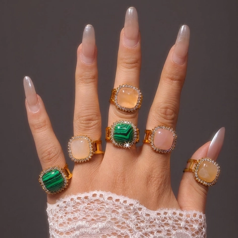 Anillo de Lujo de Acero Inoxidable con Piedra Natural Cuadrada para Mujer Chapado en Oro Circonia Micro Incrustada Joyería Retro