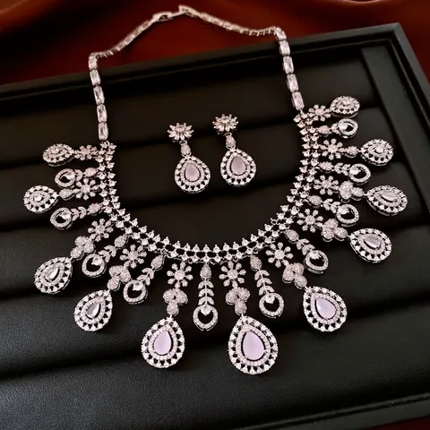 Parure Bijoux Collier Boucles Oreilles Zircon Goutte Luxe Avec Tige En Argent Cuivre Style Palais Vintage Femme
