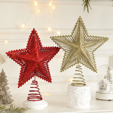 Christmas Tree Topper Star Hollow Glitter Five-Pointed Iron Metal Plastic Ornament With Spiral Base Festival Home Decor