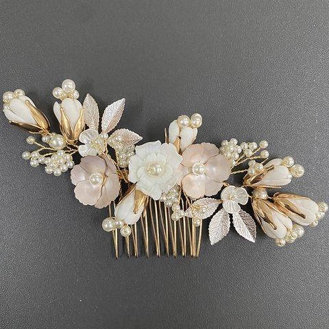 Peigne À Cheveux De Mariée Fleurs En Céramique Imitation Künstliche Perles Feuilles En Alliage Doré Coiffe De Mariage Main Femmes