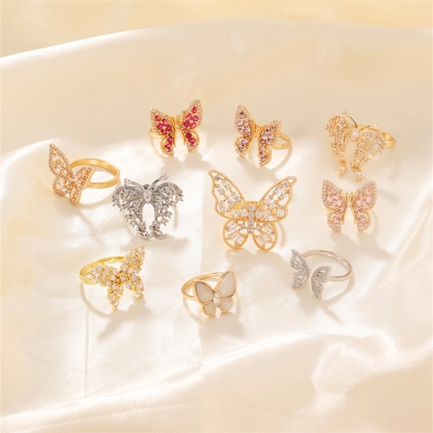 Butterfly Adjustable Open Ring For Women Alloy Zircon Faux Artificial Pearl Inlaid Elegant Finger Jewelry Luxury Accessories Gift