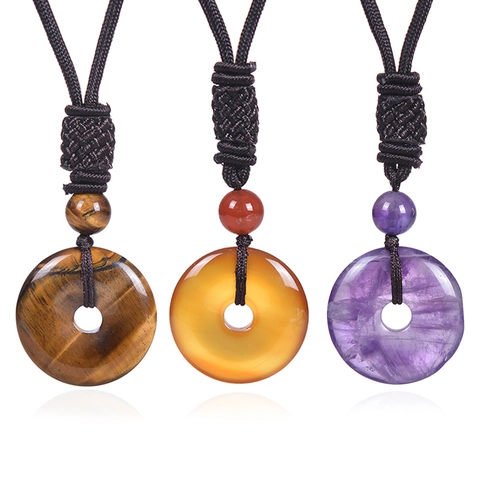 Collana Con Pendente In Pietra Naturale Occhio Di Tigre Ametista Cristallo Guaritore Fibbia Della Pace Donut Corda Intrecciata Gioielli Retro