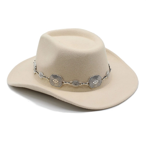 Western Cowboy Hat Wide Brim Cotton Polyester Blend Vintage Metal Chain Decoration Adjustable Windproof Rope For Men Women