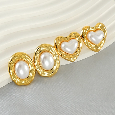 Vintage Herz Und Oval Ohrstecker 18K Vergoldet Edelstahl Hammerschlag Textur Künstliche Perle Schmuck Für Damen