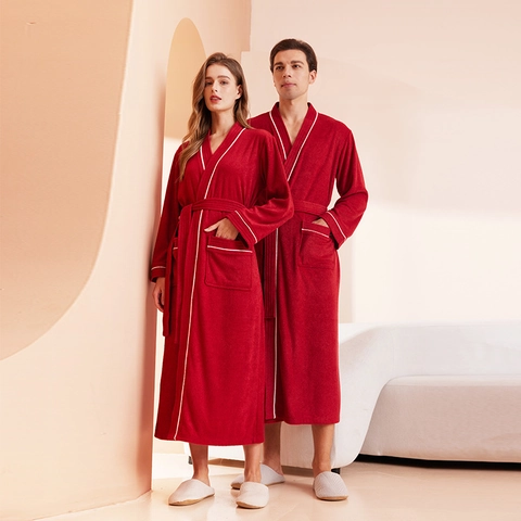 Unisex Badjas Lange Mouw Absorberend Polyester Terry Robe Contrastbiezen Sjaalkraag Nachtmode Voor Heren En Dames