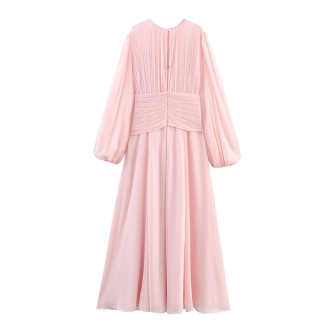 Elegante Abito Maxi In Chiffon Pieghettato Manica A Lanterna Girocollo Vita Alta Tinta Unita Ufficio Donne