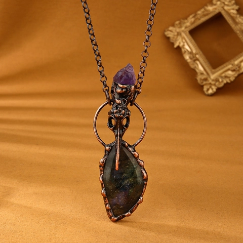 Collier Pendentif Crâne De Corbeau Gothique Labradorite Naturelle Améthyste Cuivre Bronze Bijoux Rétro Boho Pour Femmes
