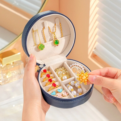 Portable Round Jewelry Box PU Leather Mini Travel Jewelry Organizer For Rings Earrings Necklaces Zipper Storage Case