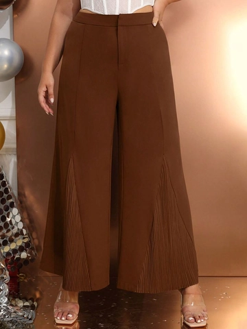 Damen Übergröße Weite Hose Hohe Taille Kaffee Braun Lässige Hose Plissierter Patchwork Saum Mode