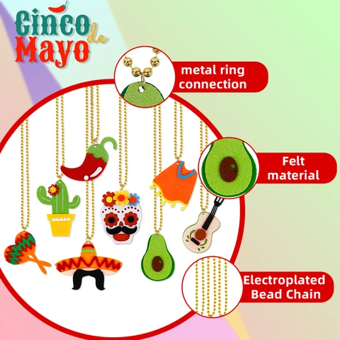 Messicano Cinco De Mayo Collana Pendente in Feltro Catena a Sfere Galvanizzata Chitarra Cactus Teschio Sombrero Accessorio per Feste