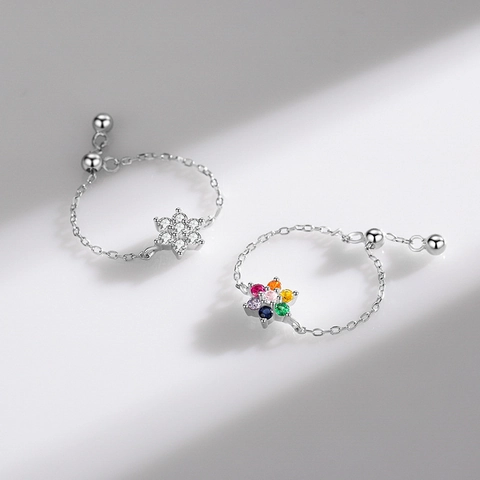Bague Fleur En Argent Sterling 925 Zircone Cubique Colorée Chaîne Souple Réglable Bijoux Doux Pour Femmes