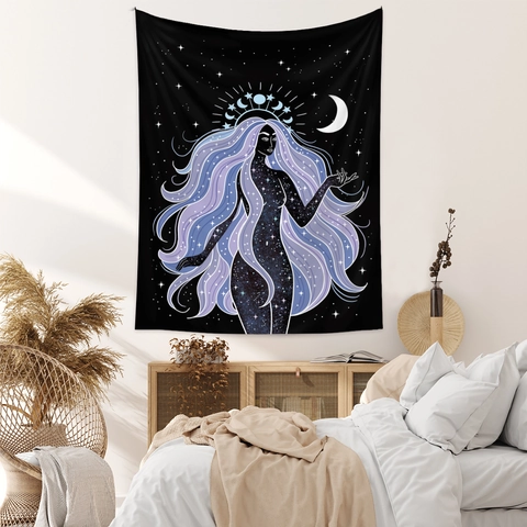 Böhmisch Sternennacht Göttin Wandteppich Himmlisch Mystisch Wandbehang Polyester Bedruckt Stoff Für Schlafzimmer Wohnzimmer Haus Dekor