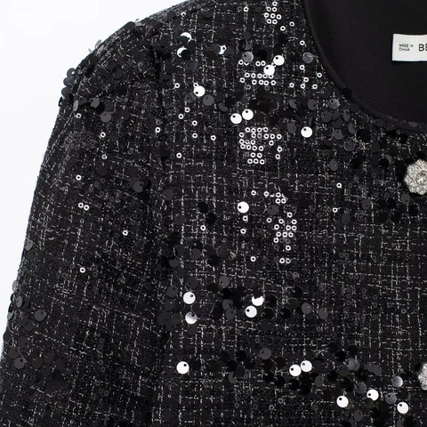 Veste En Tweed À Paillettes Pour Femme Col Rond Manches Longues Boutons Strass Élégant Blazer Style Dame