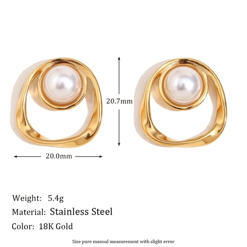 Irregular Round Hollow Ear Studs Stainless Steel With Imitation Artificial Pearl Vintage Geometric Fashion Accessories For Women