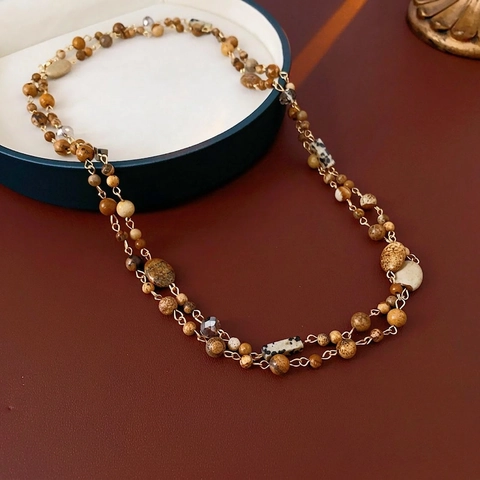 Collier Chaîne De Pull À Double Couche Avec Perles En Verre Et Textures De Pierre Naturelle Style Bohème Rétro Pour Femmes