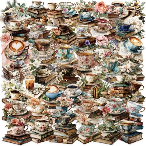 Adesivi PET Vintage con Caffè e Libri Acquerello Decalcomanie Impermeabili per Scrapbooking Journaling Fai da Te Cancelleria