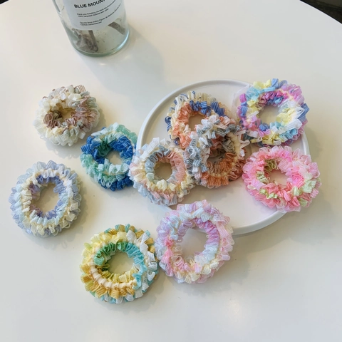 Elegant Korean Style Fabric Large Intestine Scrunchie With Pleated Ruffles Candy Color Striped Elastic Hair Tie For Women