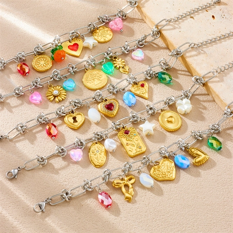 Stainless Steel Multi Pendant Bracelet Colorful Heart Star Flower Sun Coin Pendants Bohemian Y2K Style Jewelry Women