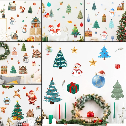 Stickers Muraux Noël PVC Bricolage Autocollants Aquarelle Bonhomme Neige Arbre Père Noël Décoration
