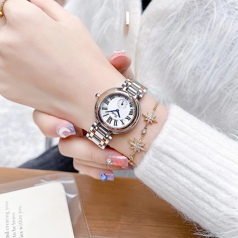 Women Quartz Watch Retro Roman Numerals Stainless Steel Strap Blue Hands Small Seconds Waterproof Fashion Elegant