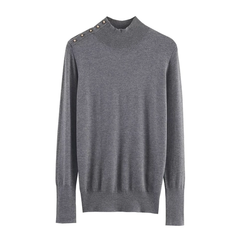 Pull À Col Montant Pour Femmes Avec Boutons Dorés Décoratifs À L Épaule Tricot Ajusté À Manches Longues Couleur Unie