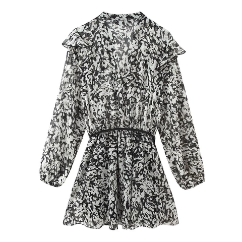 Vestito Mini Con Stampa Floreale In Stile Francese Per Donna Scollo A V Maniche Lunghe Spalle Con Volant Elegante Abito In Chiffon Con Cintura