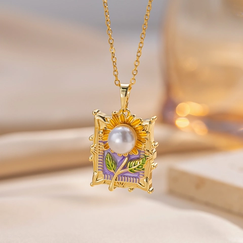 Collier Pendentif Tournesol Vintage Français En Acier Titane Avec Perle De Culture Baroque Émail Cadre Rectangle Femmes