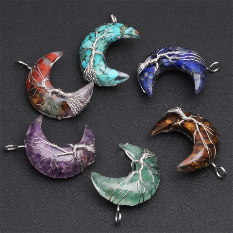 Tree Of Life Crescent Moon Pendant Necklace Natural Crystal Crushed Stone Resin Wire Wrapped Jewelry For Women