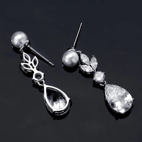 Rakol Luxus Blatt Zirkonia Wassertropfen Ohrringe Für Damen Künstliche Perle Kupfer Hängeohrringe Hochzeit Schmuck Geschenk
