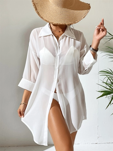 Women's Casual White Chiffon Beach Cover-up Shirt Semi-Sheer Button Down Long Lapel Blouse Top For Summer Vacation Vacation Wear