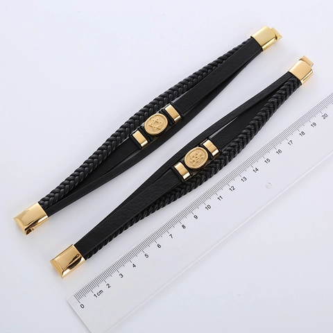 Herren Mehrreihiges Geflochtenes Lederarmband Mit 304 Edelstahl Totenkopf Stern Anhänger Retro Punk Hip Hop Schmuck