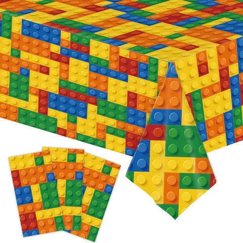 Mantel De Fiesta Bloques De Construcción Plástico PE Impermeable Desechable Para Cumpleaños Niños Diseño Colorido