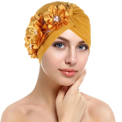 Women Turban Hat Pleated Headwrap With Flower Decor And Faux Artificial Pearl Fashion Headband Indian Style Elegant Cap