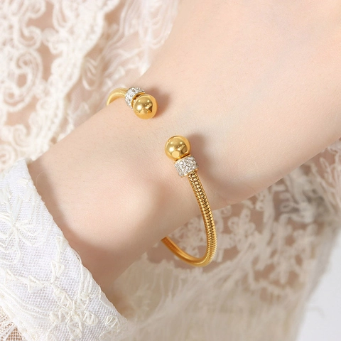 Bracciale Rigido Aperto Texture Catena A Serpente Acciaio Al Titanio Placcato Cristallo Perle Per Donna
