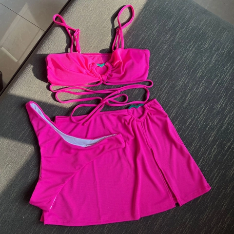 Ribbed Bikini Top Triangle Bottom And Mini Skirt Heart Shaped Buckle Padded Solid Color Women Swimwear Beachwear