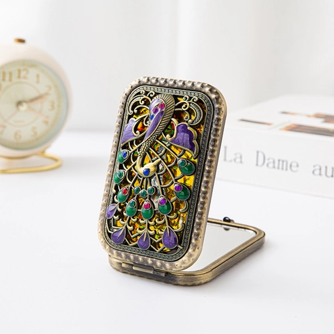 Portable Makeup Mirror Metal Folding Double Sided Travel Pocket Mirror Vintage Peacock Enamel Rhinestone For Women Elegant