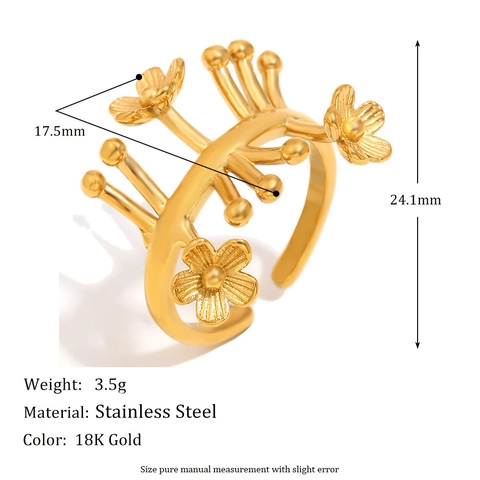 Offener Ring Blumen Design 18K Vergoldet Edelstahl Verstellbar Zweig Motiv Nische Mode Schmuck Damen