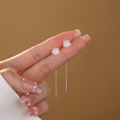 Elegant S925 Sterling Silver Colorful White Rose Ear Threader Earrings Sweet Tassel Flower Drop Earrings For Women Jewelry Gift
