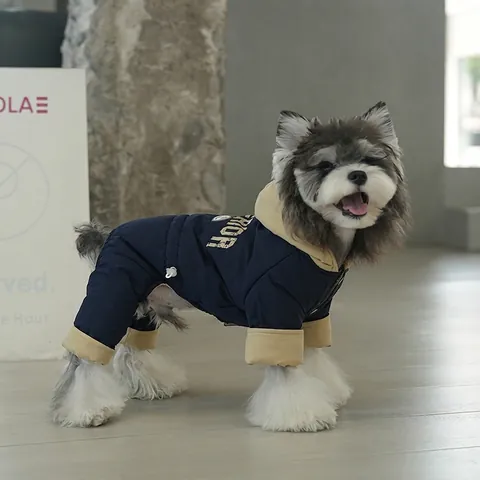 Pet Dog Winter Jumpsuit Warm Hooded Padded Coat Four Legged Windproof American Retro Style Polyester Dog Clothing