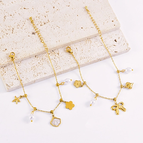 Bracciale con Ciondoli in Acciaio Inossidabile e Perle Artificiali per Donna Placcato Oro Fiocco Cuore Conchiglia Stella Marina Gioielli