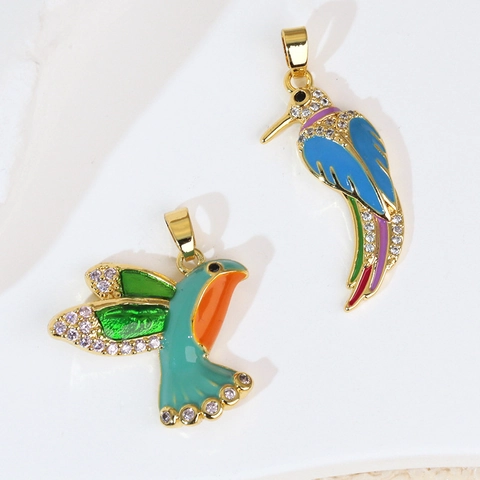 Pendente Uccello Colibrì Pappagallo Rame Placcato Oro Zirconia Cubica Colorata Smalto Accessori Gioielli Donne