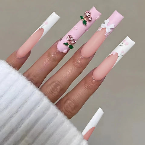 Long Coffin Press On Nails French Pink White With Cherry Rhinestones And White Bow Sweet Floral Artificial False Fingernails