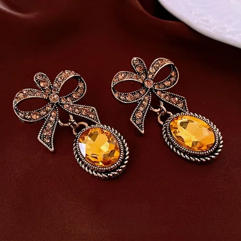 Orecchini Pendenti Con Fiocco Vintage Con Strass Ambra Pietra Sintetica Stile Barocco Perno In Argento Per Donna