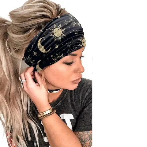 Women Elastic Wide Headband Bohemian Celestial Sun Moon Star Print Yoga Sports Hair Band Polyester Stretchy Headwear