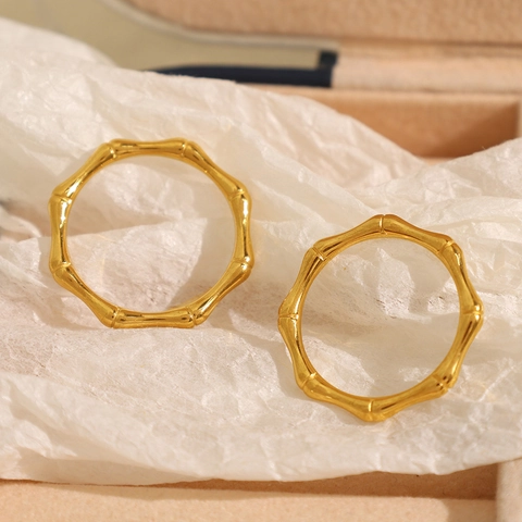 Bambus Textur Edelstahl Schmuckset Sechseckige Creolen Geometrischer Ring Gold Silber Plattiert Mode Damen Schmuck