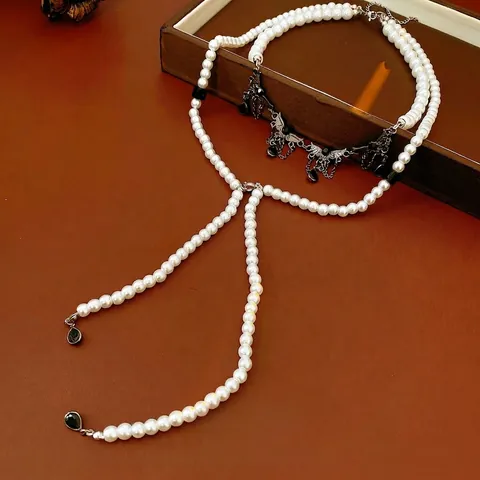 Collana Di Künstliche Perle A Doppio Strato Gotica Con Pendente A Goccia D'acqua Nera Ala Lega Gioielli Retro Per Donne